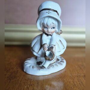 Vintage Enesco Porcelain Colonial Girl Figurine Watering Flowers 4"